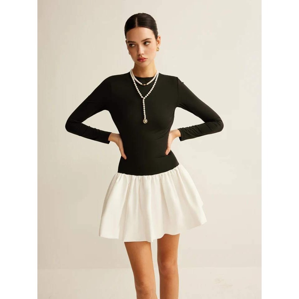 Commense‎ Black Long Sleeve Mini Dress White Skirt Party Cocktail Dress Size S - Picture 3 of 13
